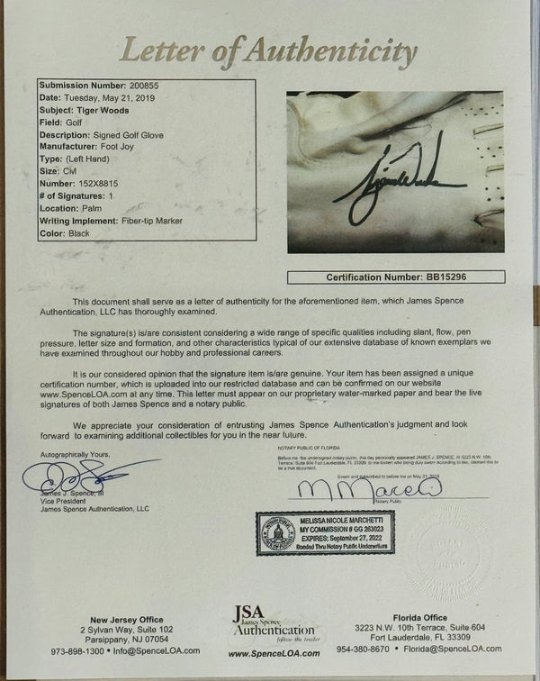 Tiger Woods Autographed Framed Glove (JSA)