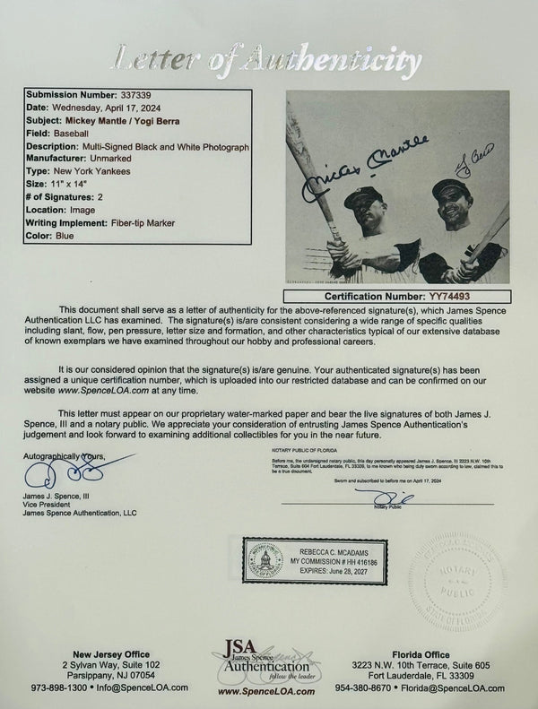 Mickey Mantle Yogi Berra Autographed 11x14 Framed Baseball Photo (JSA)