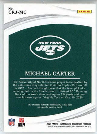 Michael Carter 2021 Panini Immaculate Collection Clearly Immaculate Rookie Patch Card #CRJ-MC