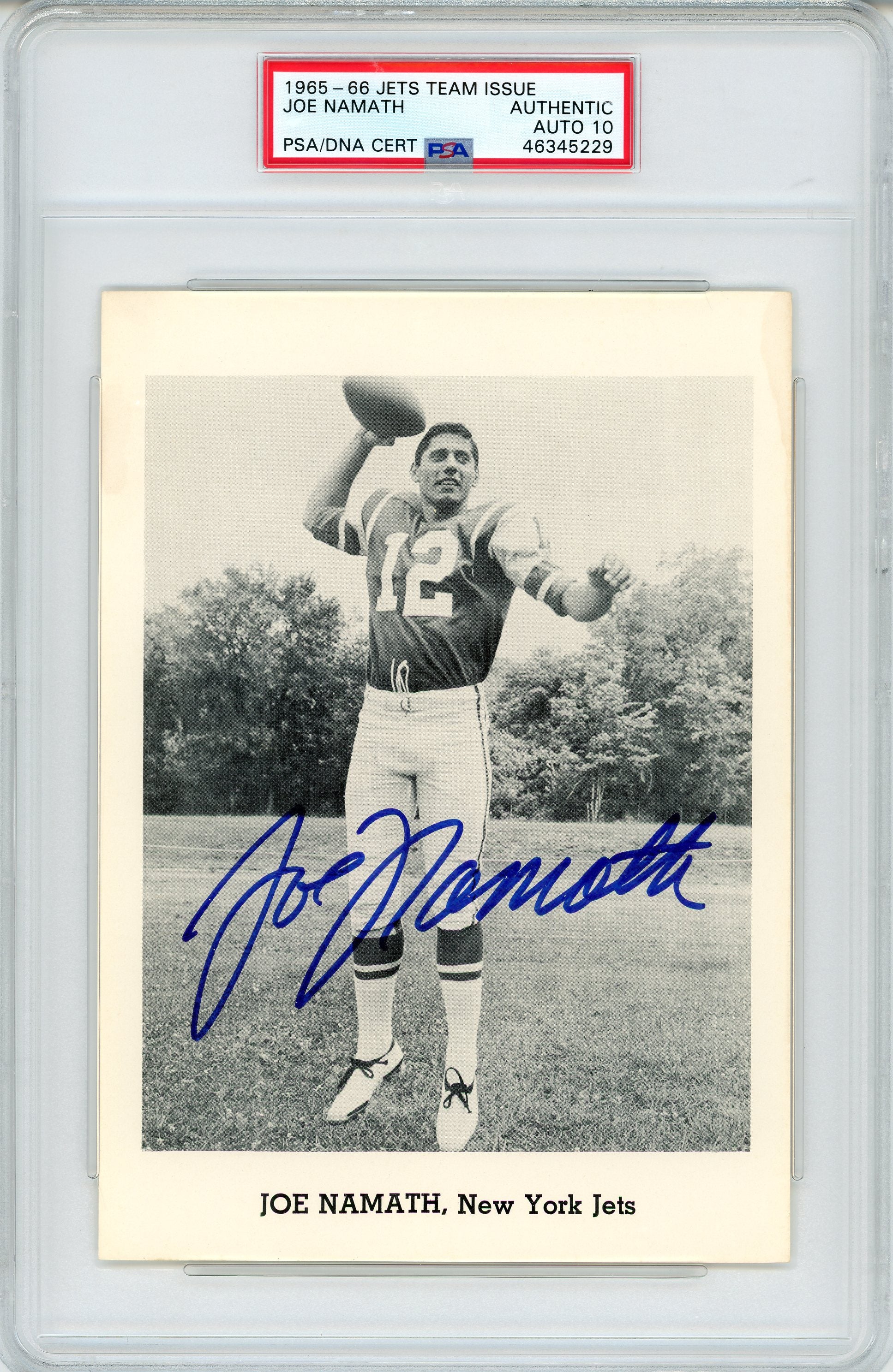 Joe Namath Autographed 1965/66 Jets Team Issue Photo Rookie Card