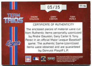 Andre Dawson, Gary Carter & Tony Perez 2005 Playoff Absolute Memorabilia Card #05/35