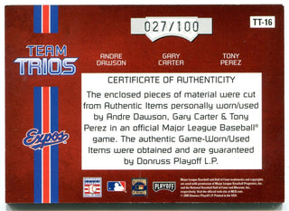 Andre Dawson, Gary Carter & Tony Perez 2005 Playoff Absolute Memorabilia Card #027/100