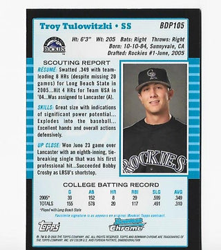 Troy Tulowitzki 2005 Topps #BDP105 Autographed Bowman Chrome Rookie Card