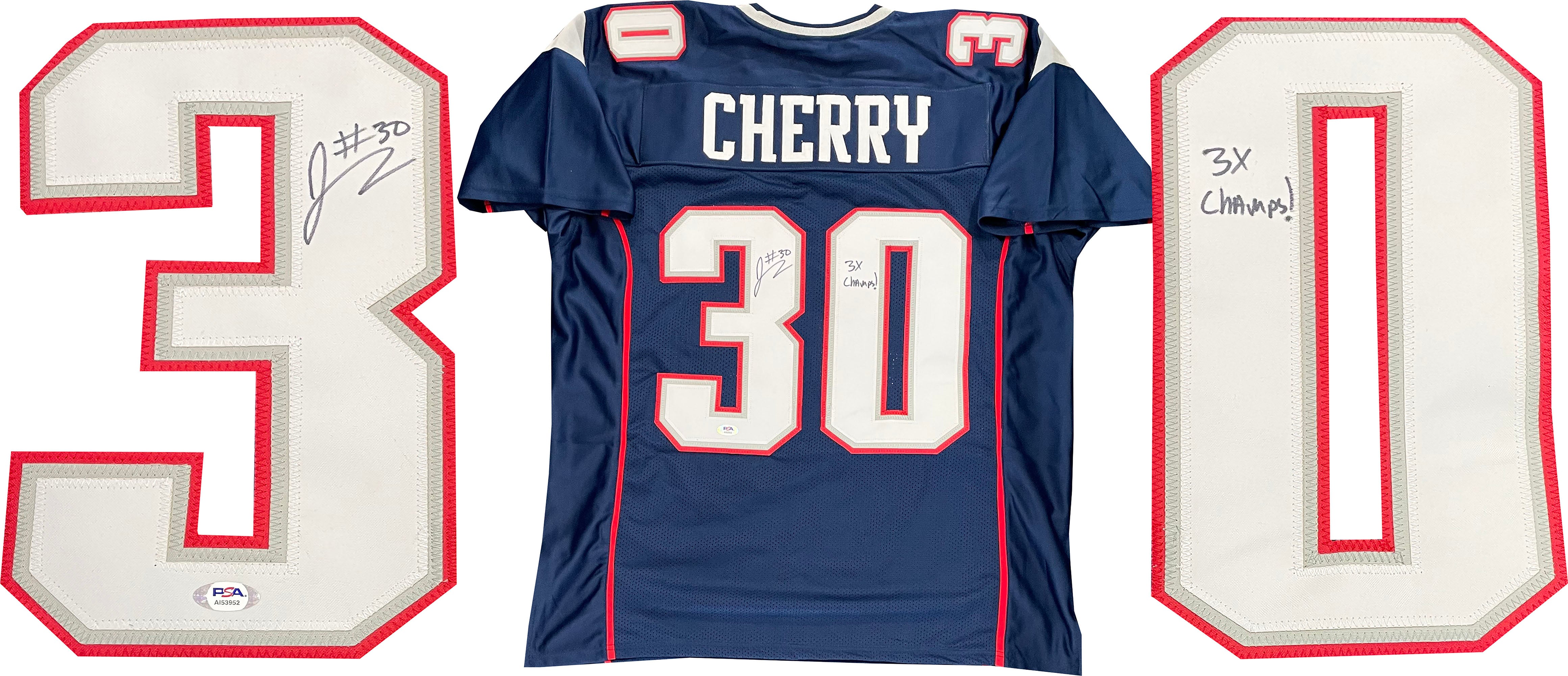 Je'Rod Cherry '3x Champs' Autographed New England Patriots Jersey (PSA