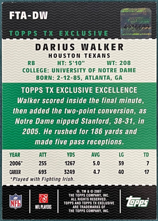 Darius Walker 2007 Topps Autographed Card