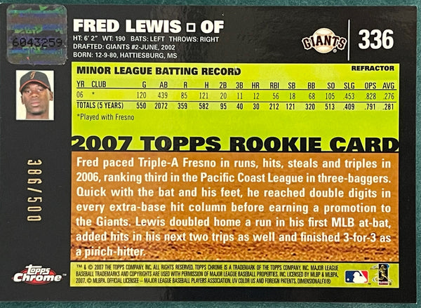 Fred Lewis Autographed 2007 Topps Chrome Rookie Card 386/500