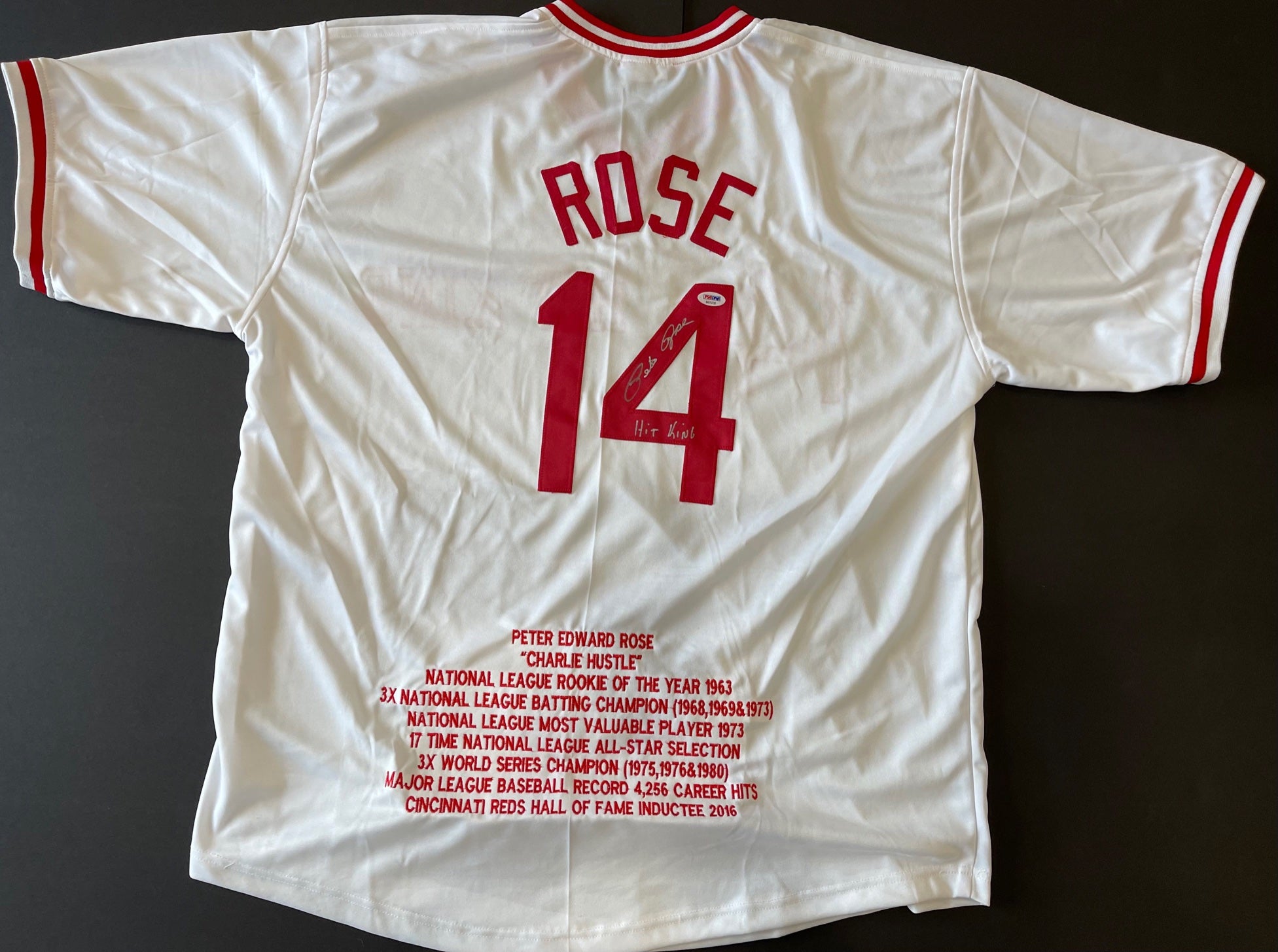 Pete Rose Hit King Autographed Embroidered Cincinnati Reds Jersey (JSA)