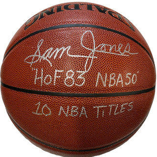 Sam Jones Autographed Spalding Indoor/Outdoor Stat Basketball (Beckett)