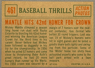 Mickey Mantle 1959 Topps Baseball Card #461 Mantle Hits 42nd Homer for Crown