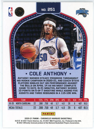 Cole Anthony 2020-21 Panini Chronicles Marquee Rookie Card #251