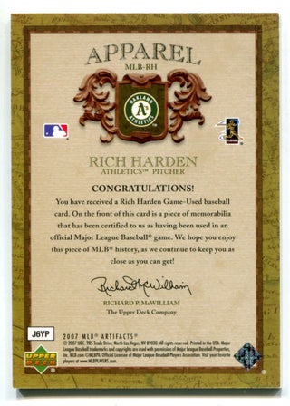Rich Harden 2007 Upper Deck Artifacts Apparel #MLBRH Jersey Card 036/199