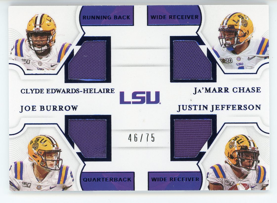 Joe Burrow, Clyde Edwards-Helaire, Ja'Marr Chase & Justin Jefferson 2021  Panini National Treasures Collegiate Jersey Card