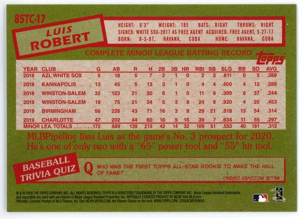 Luis Robert 2020 Topps Rookie Card #85TC-17