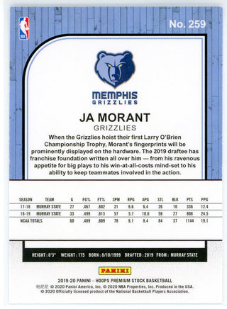 Ja Morant 2019-20 Panini Hoops Premium Stock Rookie Card #259
