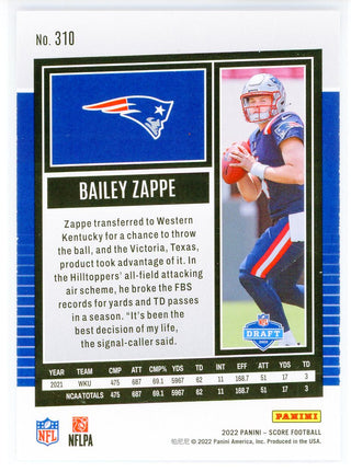 Bailey Zappe 2022 Panini Score Rookie Card #310