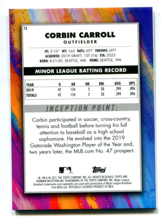 Corbin Carrol 2021 Bowman Inception #73 Yellow Card /50