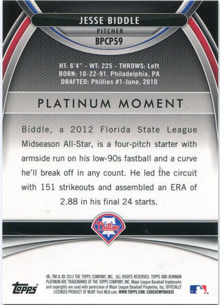 Jesse Biddle 2012 Topps Bowman Platinum Gold Refractor Card /50