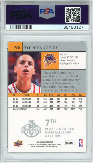 Stephen Curry 2009 Upper Deck First Edition Rookie Card #196 (PSA Mint 9)