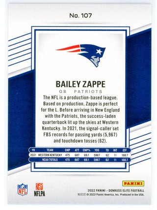 Bailey Zappe 2022 Panini Donruss Elite Rookie Card #107