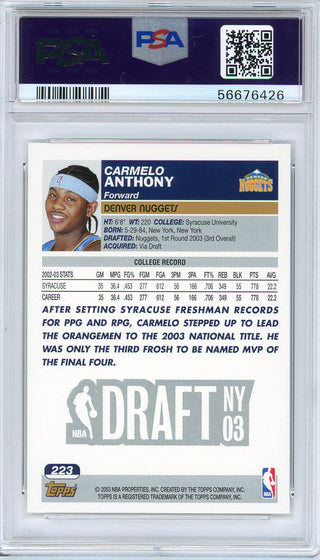 Carmelo Anthony 2003 Topps Rookie Card #223 (PSA Mint 9)