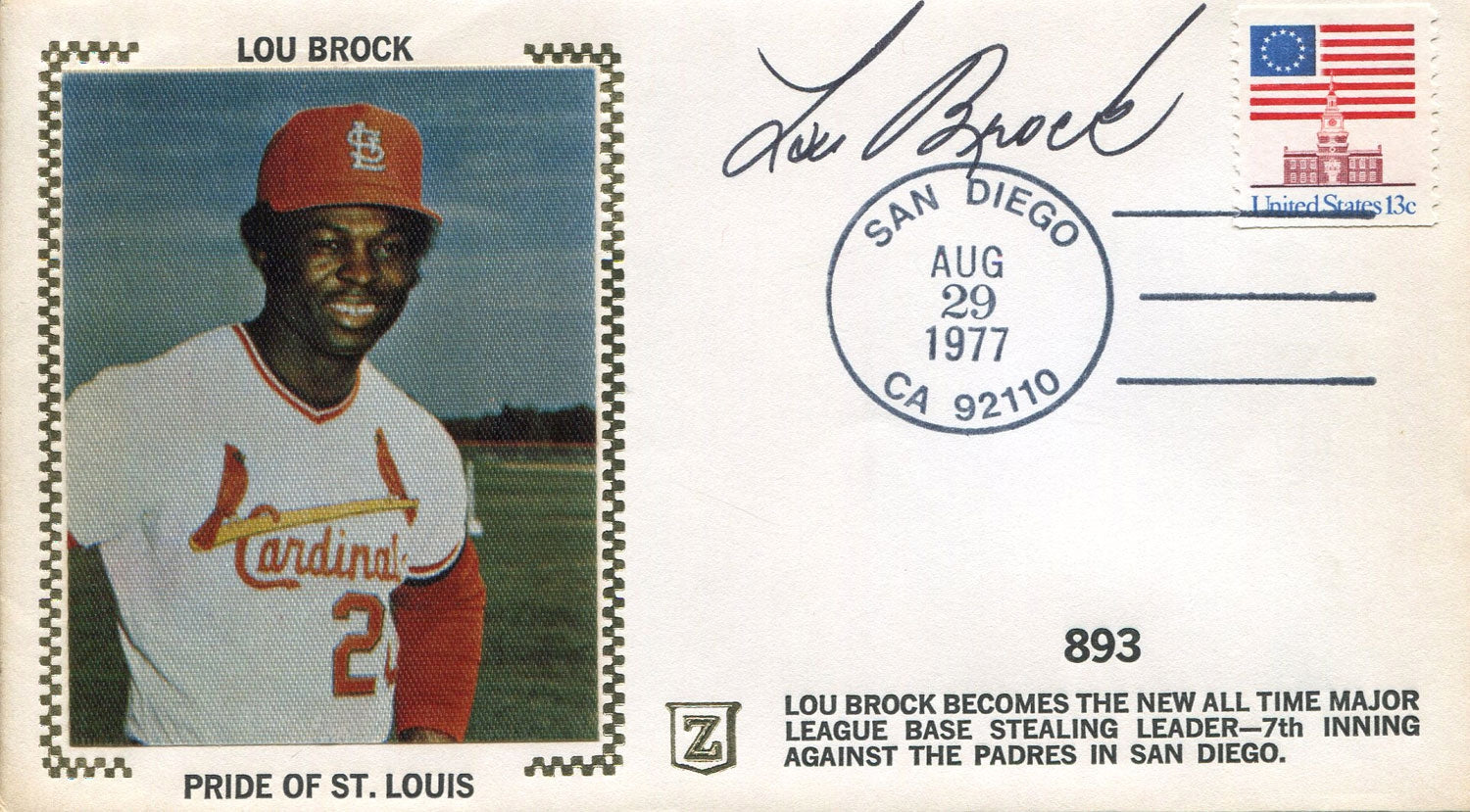 Hall of Famer and St. Louis Cardinal Great Lou Brock & First Day Cover