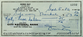 Doris Day American Actress & Singer Signed Personal Check September 1986