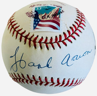 Hank Aaron Signed 715th Commemorative HR Ball with L/E 33 Cent Stamp (JSA)