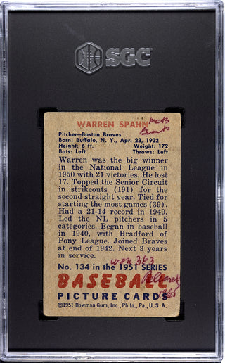 Warren Spahn 1951 Bowman Card #134 SGC 1