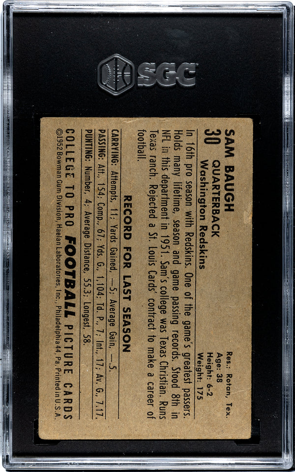 Sammy Baugh 1952 Bowman Large Card #30 SGC 3