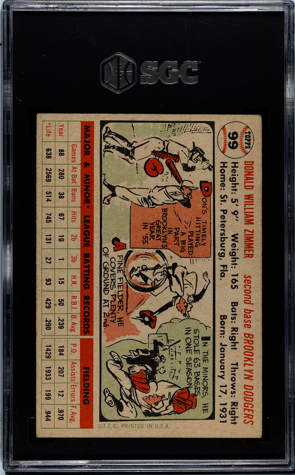 Don Zimmer 1956 Topps Card #99 White Back SGC 5
