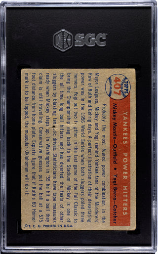 Yankees' Power Hitters Mickey Mantle Yogi Berra 1957 Topps Card #407 SGC 1