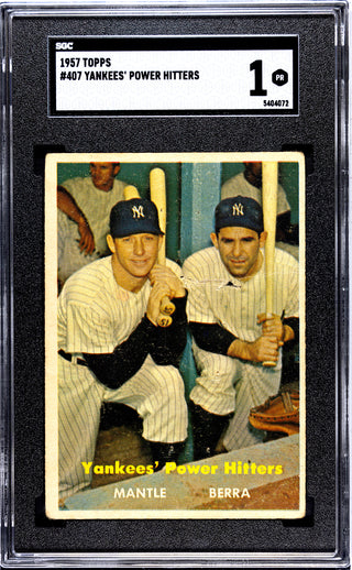 Yankees' Power Hitters Mickey Mantle Yogi Berra 1957 Topps Card #407 SGC 1
