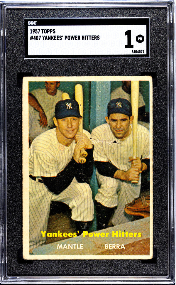 Yankees' Power Hitters Mickey Mantle Yogi Berra 1957 Topps Card #407 SGC 1