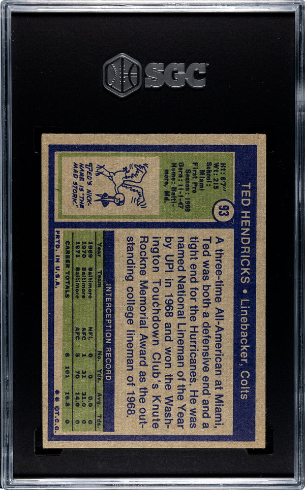 Ted Hendricks 1972 Topps #93 SGC 5