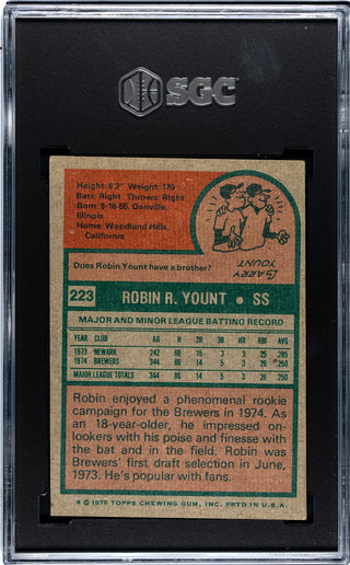 Robin Yount 1975 Topps Rookie Card #223 SGC 3