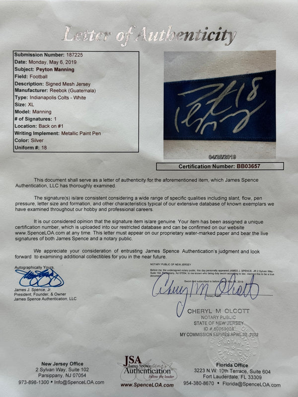 Peyton Manning Autographed Indianapolis Colts Reebok Jersey (JSA)