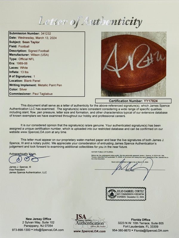 Sean Taylor Autographed Official Wilson Football (JSA)