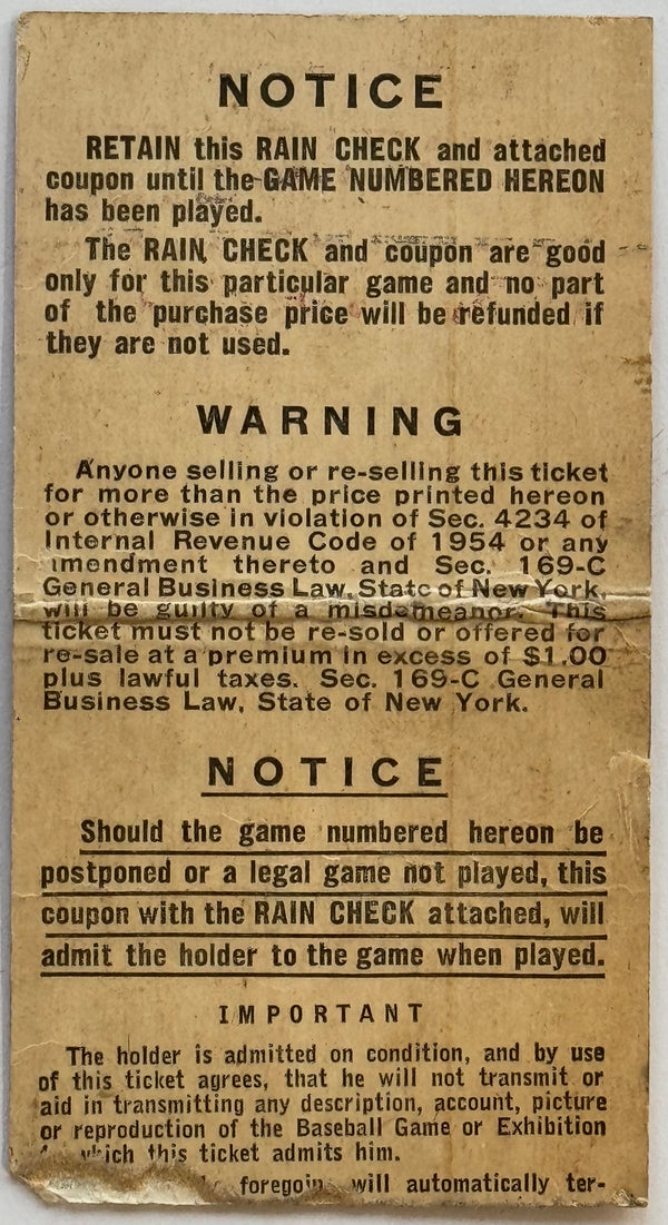 1954 World Series Ticket Stub Game #2 WILLIE MAYS New York Giants HOF MVP