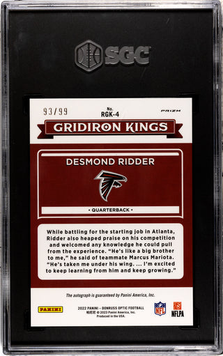 Desmond Ridder Auto 2022 Donruss Optic Rookie Gridiron Kings Card /99 (SGC 9.5)