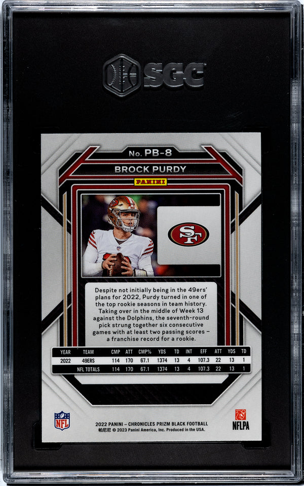 graded brock purdy rookie card Brock Purdy 2022 Panini Prizm Black Rookie Card #PB8 SGC 9.5