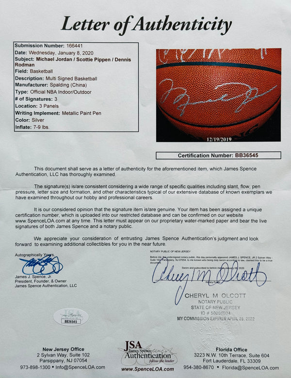 Michael Jordan Dennis Rodman & Scottie Pippen Signed Spalding Basketball (JSA)