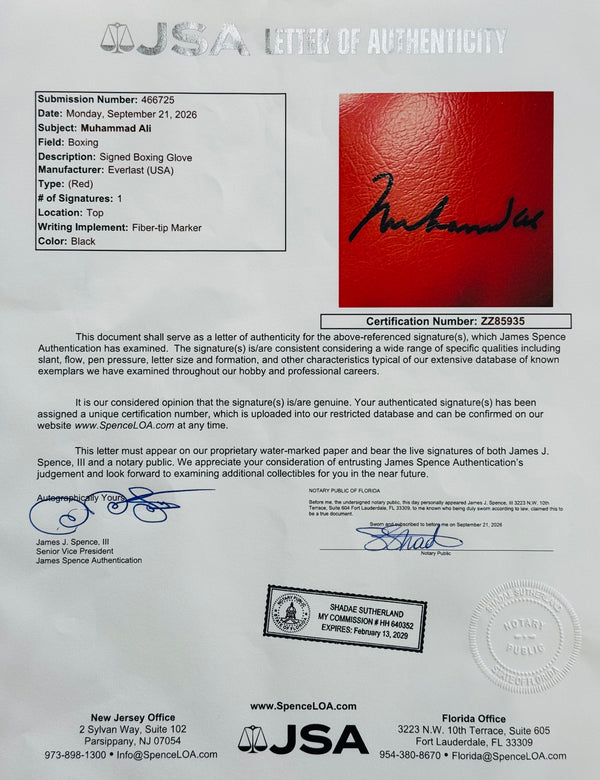 Muhammad Ali Autographed Red Everlast Left Hand Boxing Glove (JSA)