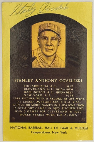 Stanley Coveleski Autographed Hall of Fame Plaque Postcard