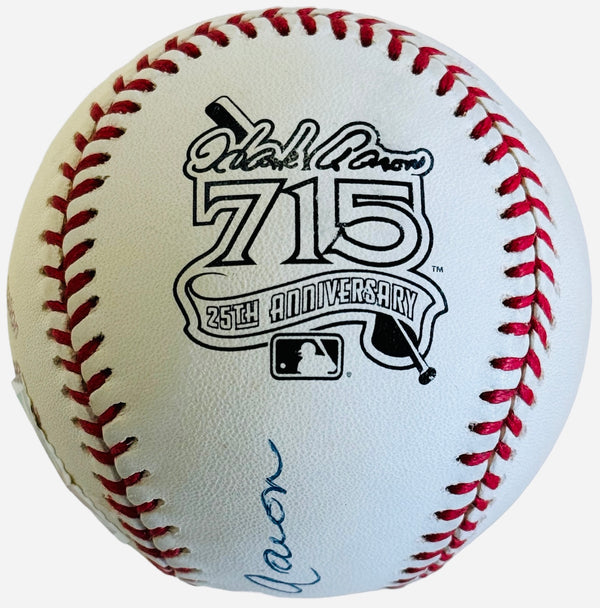 Hank Aaron Signed 715th Commemorative HR Ball with L/E 33 Cent Stamp (JSA)