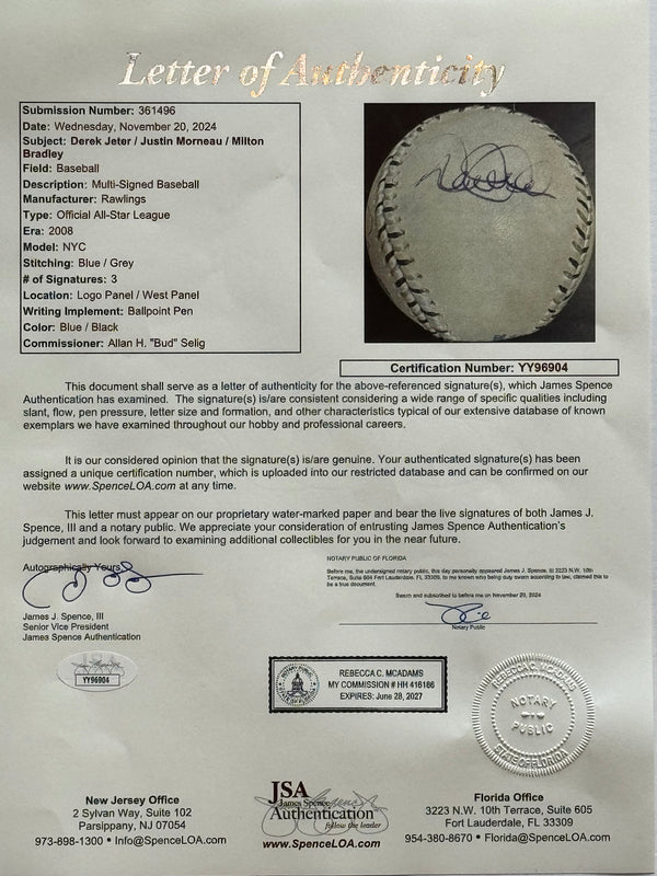 Derek Jeter Justin Morneau Milton Bradley Autographed 2008 All Star Ba ...