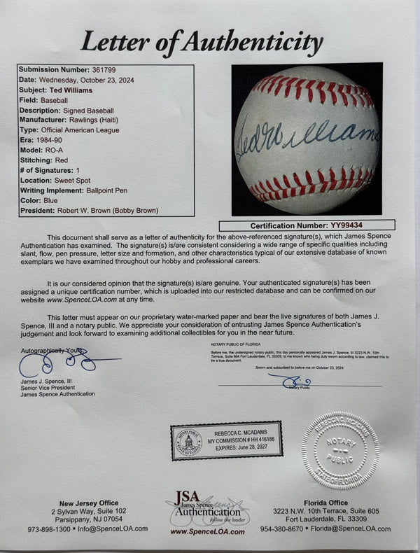 Ted Williams Autographed Official American League Baseball (JSA)