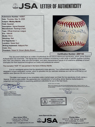 Mickey Mantle HOF'74 Autographed Official American League Baseball (JSA)