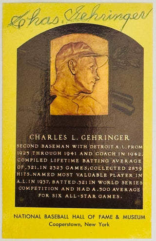 Charles Gehringer Autographed Hall of Fame Plaque Postcard