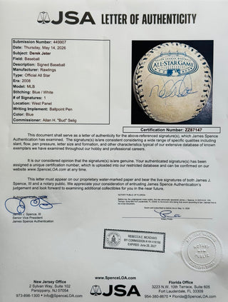 Derek Jeter Autographed 2008 All Star Game Baseball (JSA)