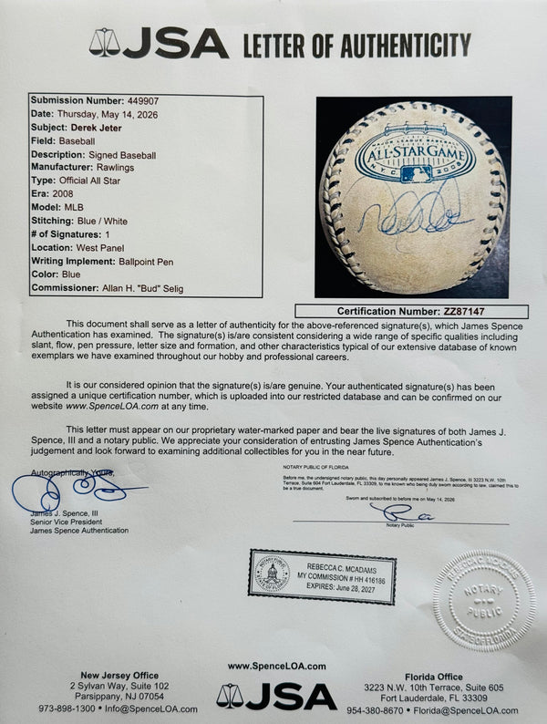Derek Jeter Autographed 2008 All Star Game Baseball (JSA)